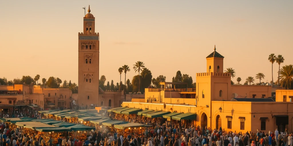 Aerial photo of Jemaa el-Fnaa square in Marrakech at sunset, with crowds, shops, and the Koutoubia Mosque in view.
