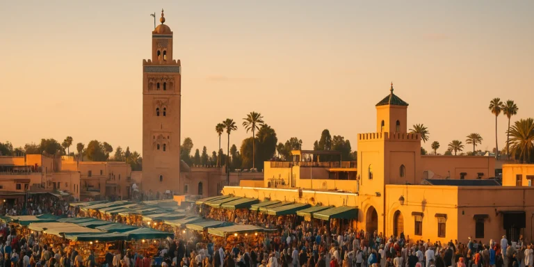 Aerial photo of Jemaa el-Fnaa square in Marrakech at sunset, with crowds, shops, and the Koutoubia Mosque in view.