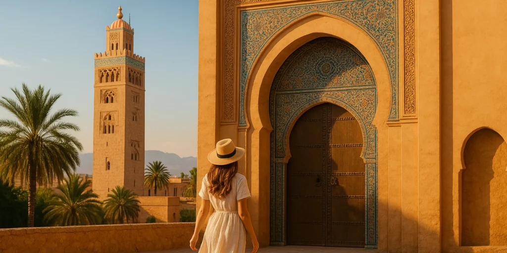 A scenic sunset in Morocco showing a camel, a desert road, and a football stadium silhouette in the background — perfect for 2025 World Cup tourism.